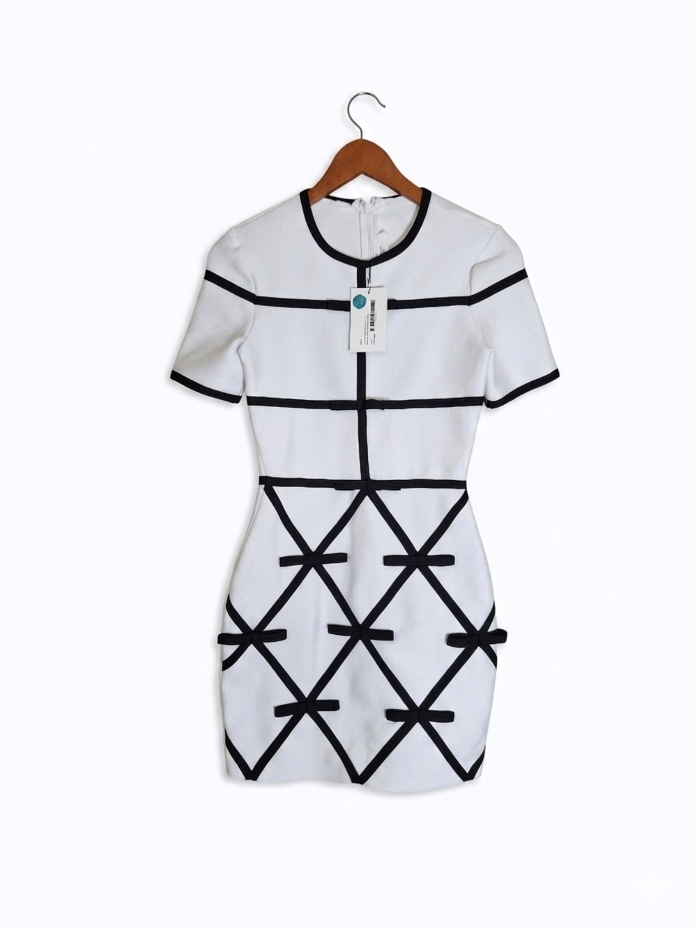 NWT A.KOM Black Bow Mini Dress White Knit Bandage Bodycon Short Sleeve Size S